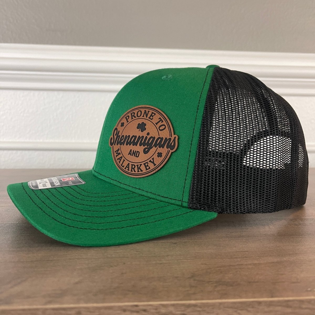 St. Patrick's Day Prone To Shenanigans And Malarkey Green Side Leather Patch Hat Patch Hat - VividEditions