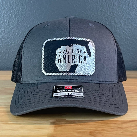 The Gulf of America Patriotic Leather Patch SnapBack Trucker Hat Blk/Silv Patch Hat