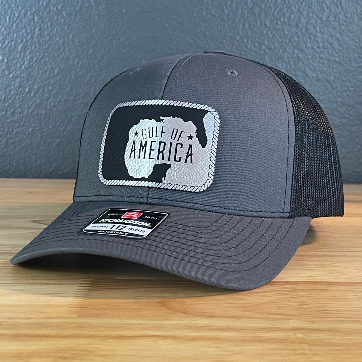 The Gulf of America Patriotic Leather Patch SnapBack Trucker Hat Blk/Silv Patch Hat