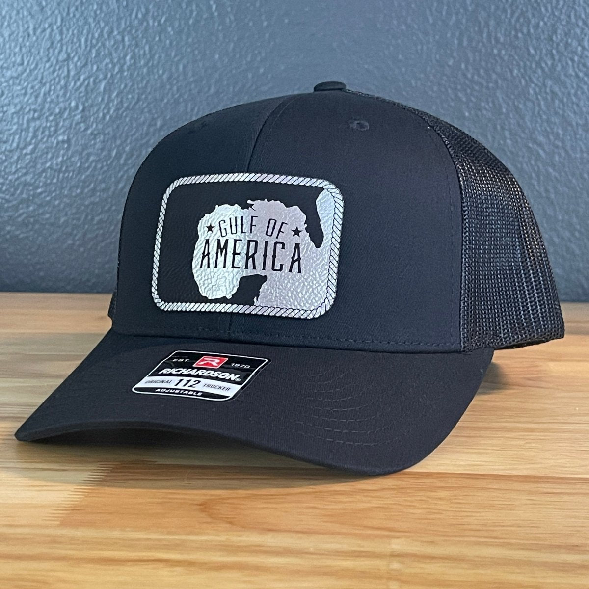 The Gulf of America Patriotic Leather Patch SnapBack Trucker Hat Blk/Silv Patch Hat