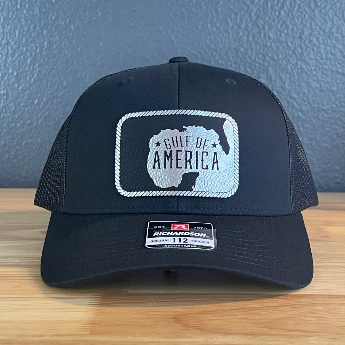 The Gulf of America Patriotic Leather Patch SnapBack Trucker Hat Blk/Silv Patch Hat
