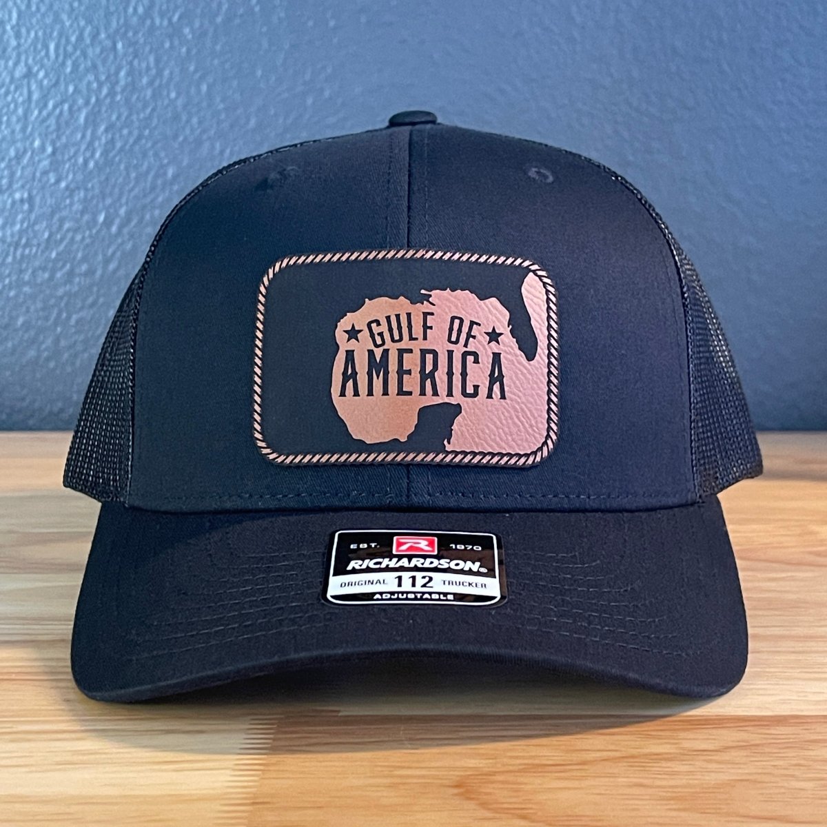 The Gulf of America Patriotic Leather Patch SnapBack Trucker Hat Rawhide Patch Hat