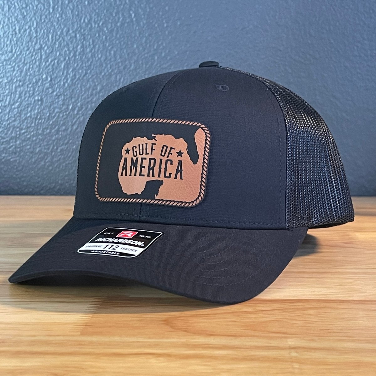 The Gulf of America Patriotic Leather Patch SnapBack Trucker Hat Rawhide Patch Hat