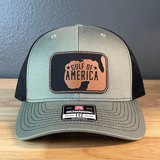 The Gulf of America Patriotic Leather Patch SnapBack Trucker Hat Rawhide Patch Hat