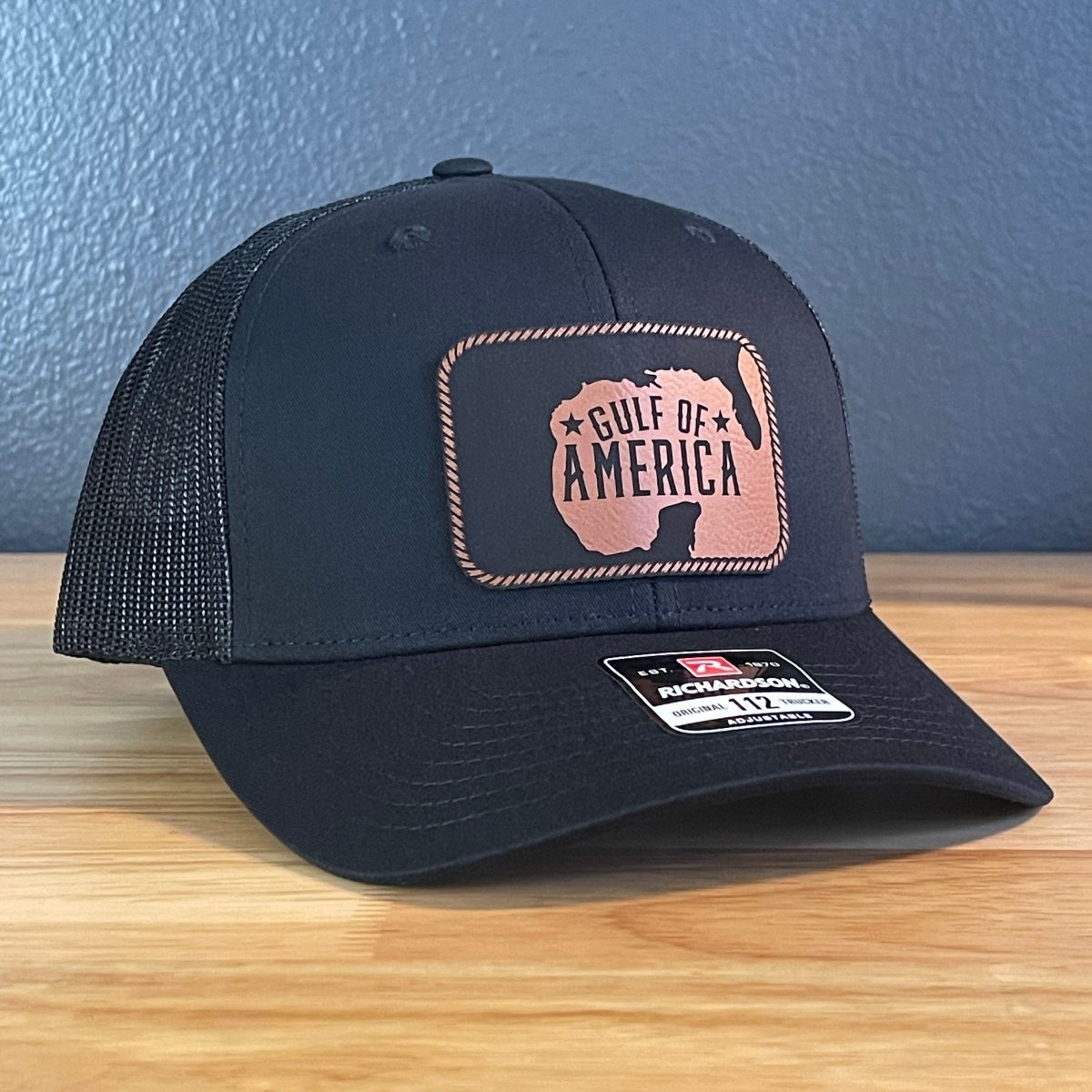 The Gulf of America Patriotic Leather Patch SnapBack Trucker Hat Rawhide Patch Hat