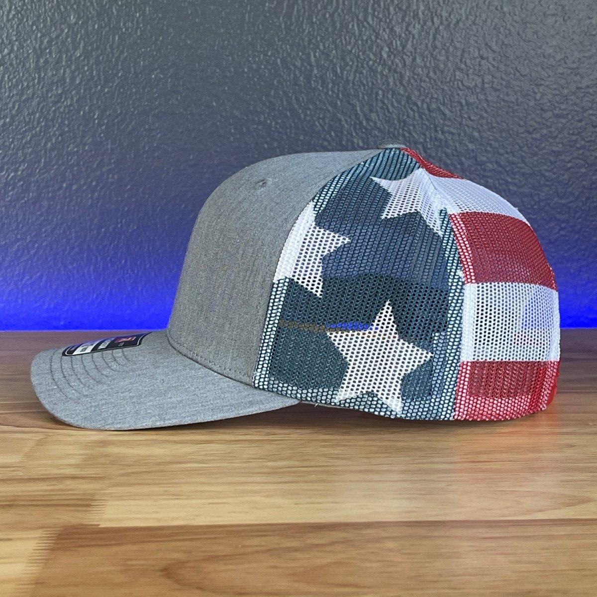 The Pledge of Allegiance American Flag Blk/Silv Leather Patch SnapBack Trucker Hat Stars & Stripes Patch Hat