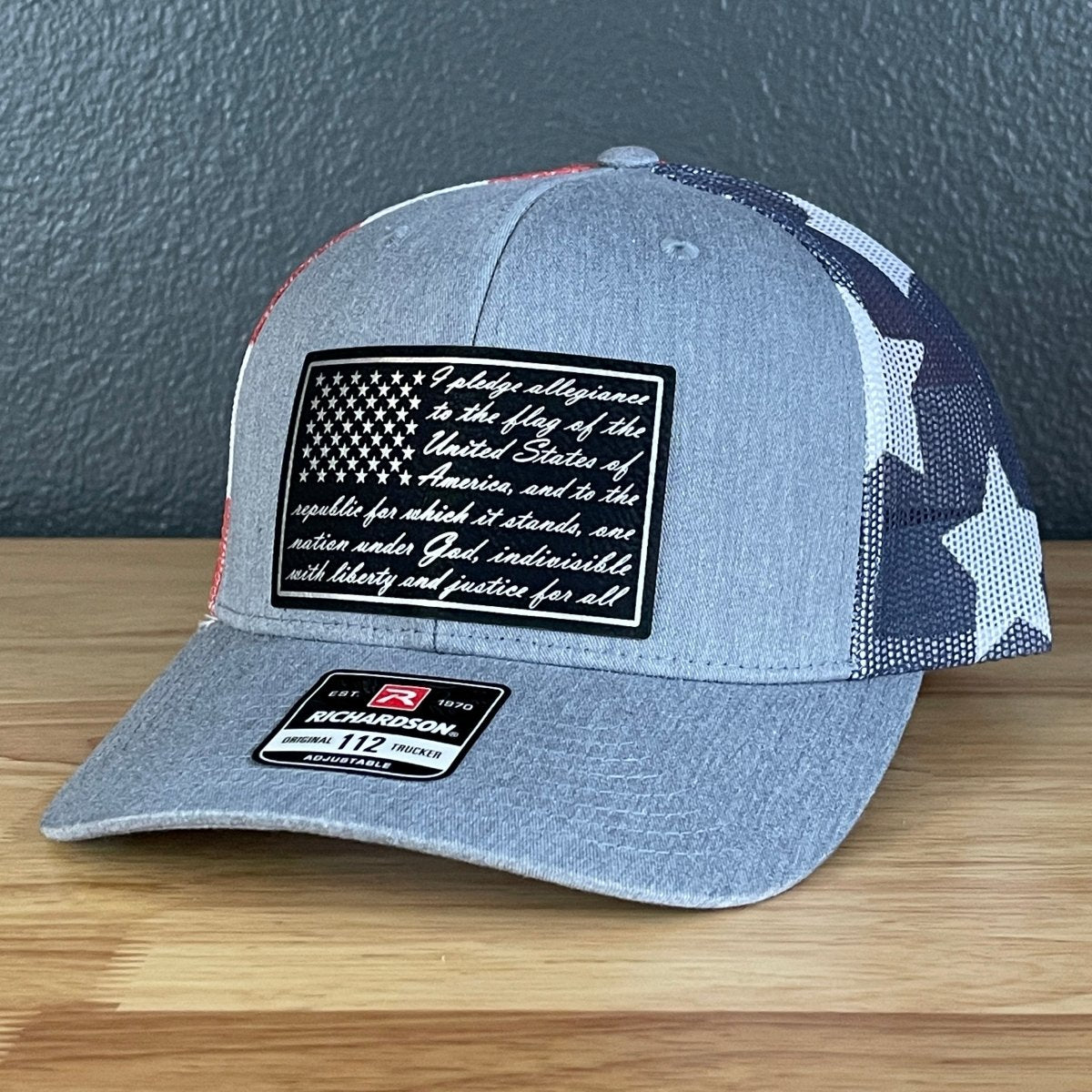 The Pledge of Allegiance American Flag Blk/Silv Leather Patch SnapBack Trucker Hat Stars & Stripes Patch Hat