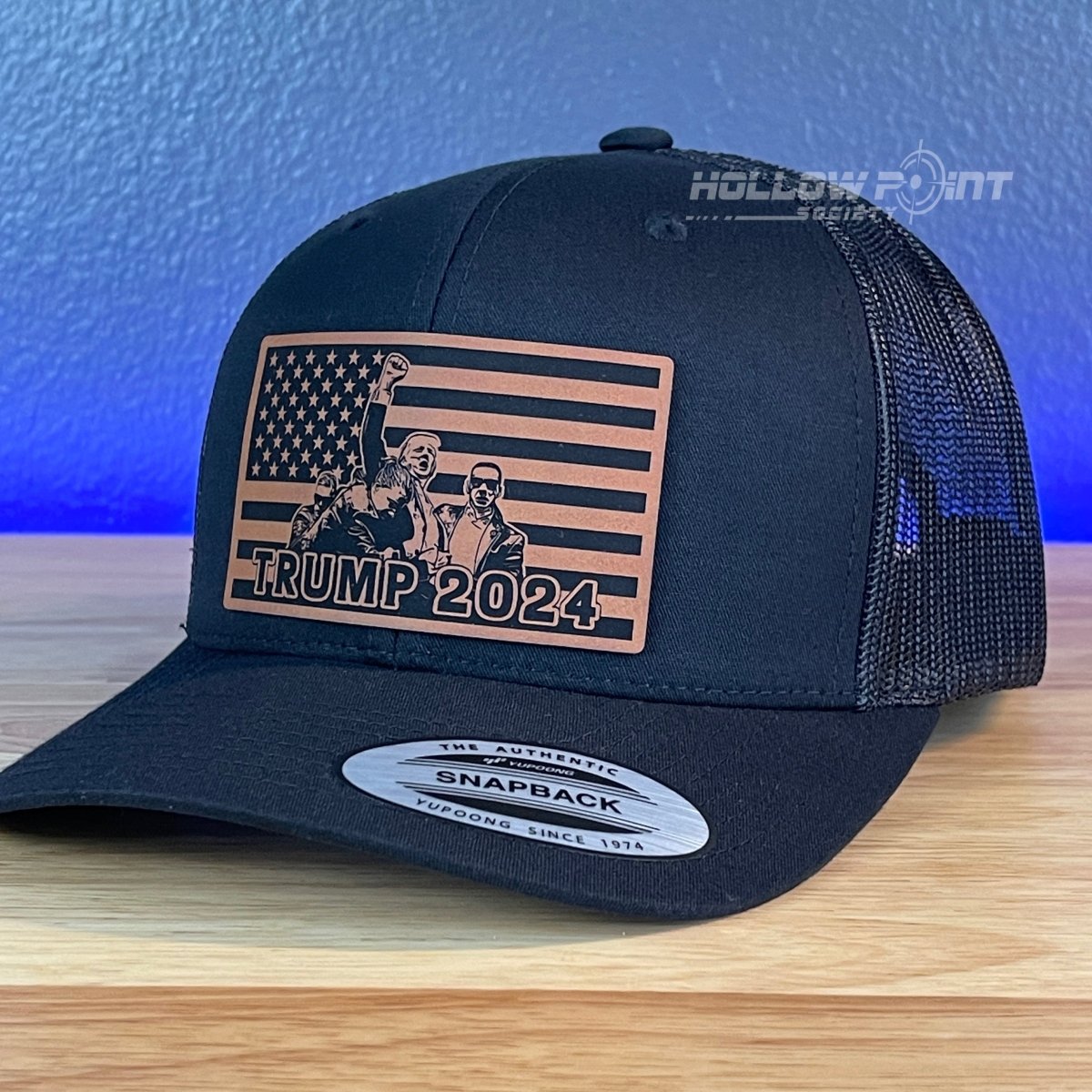 Trump 2024 American Flag SnapBack Trucker Rawhide Leather Patch Hat Black Patch Hat