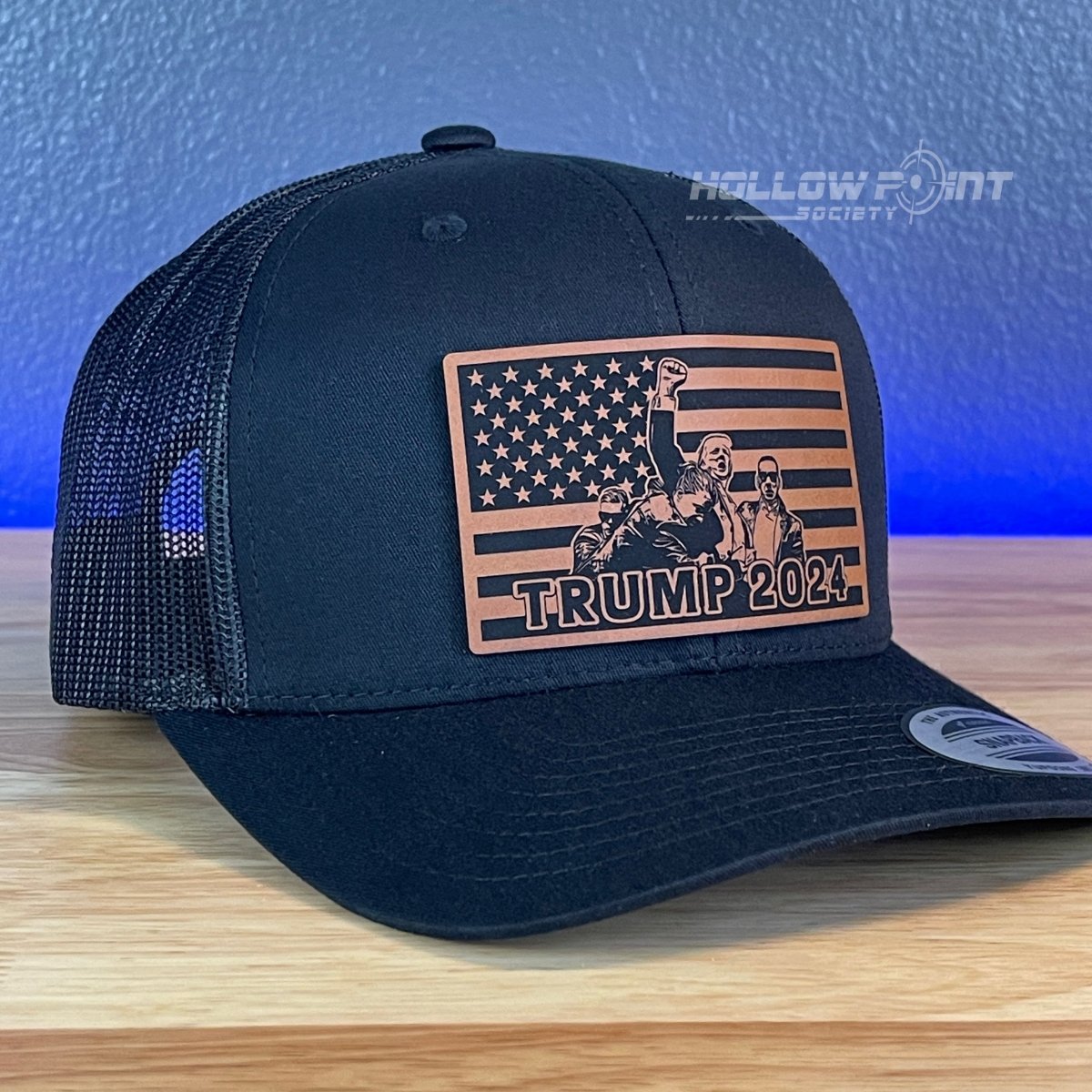 Trump 2024 American Flag SnapBack Trucker Rawhide Leather Patch Hat Black Patch Hat