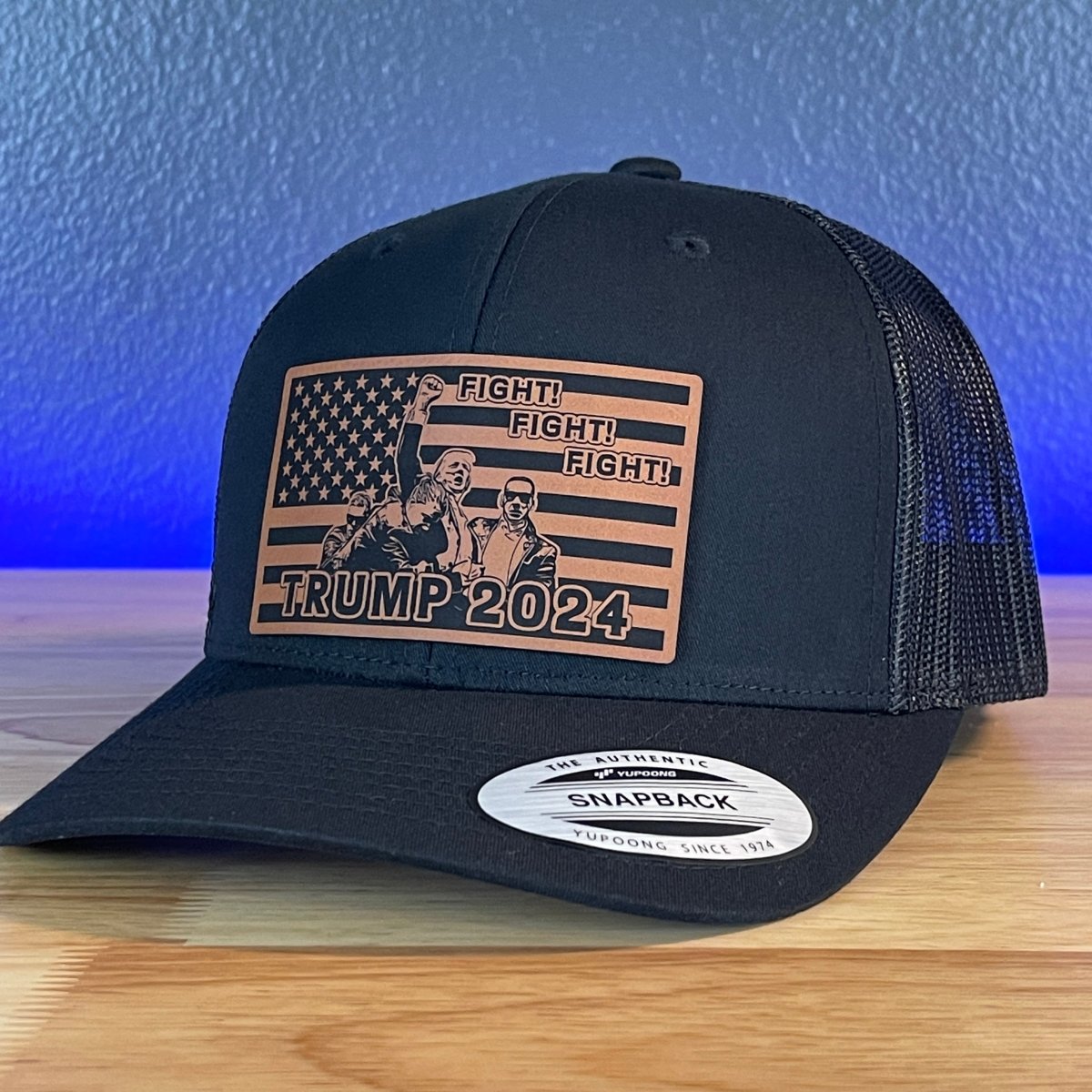 Trump 2024 Fight Fight Fight Flag SnapBack Trucker Rawhide Leather Patch Hat Black Patch Hat