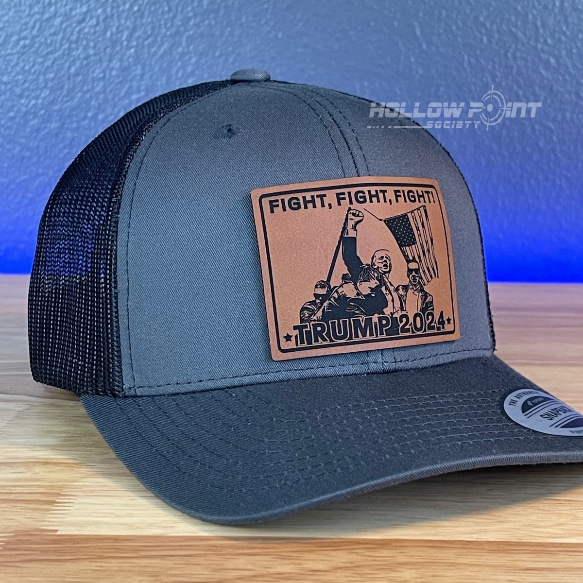 Trump 2024 SnapBack Trucker Rawhide Leather Fight Square Patch Charcoal Hat Patch Hat