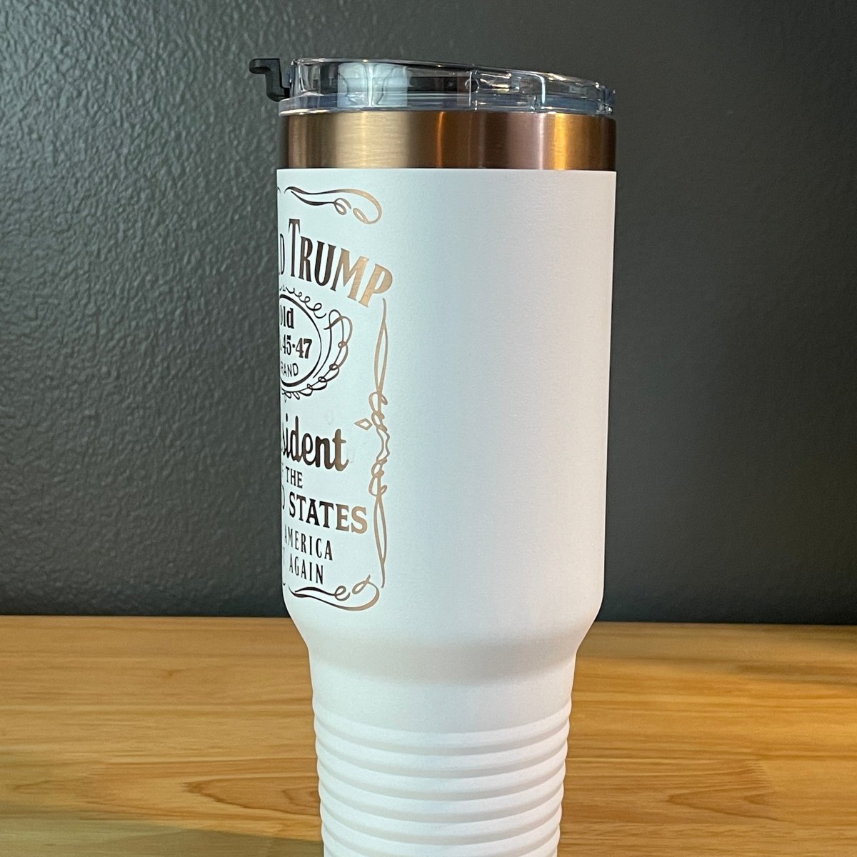 Trump 45 - 47 Tumbler Collector's Travel Mug with Handle 40oz White/Rose Gold Laser Engraved Tumblers