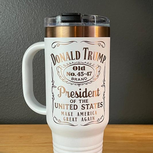 Trump 45 - 47 Tumbler Collector's Travel Mug with Handle 40oz White/Rose Gold Laser Engraved Tumblers