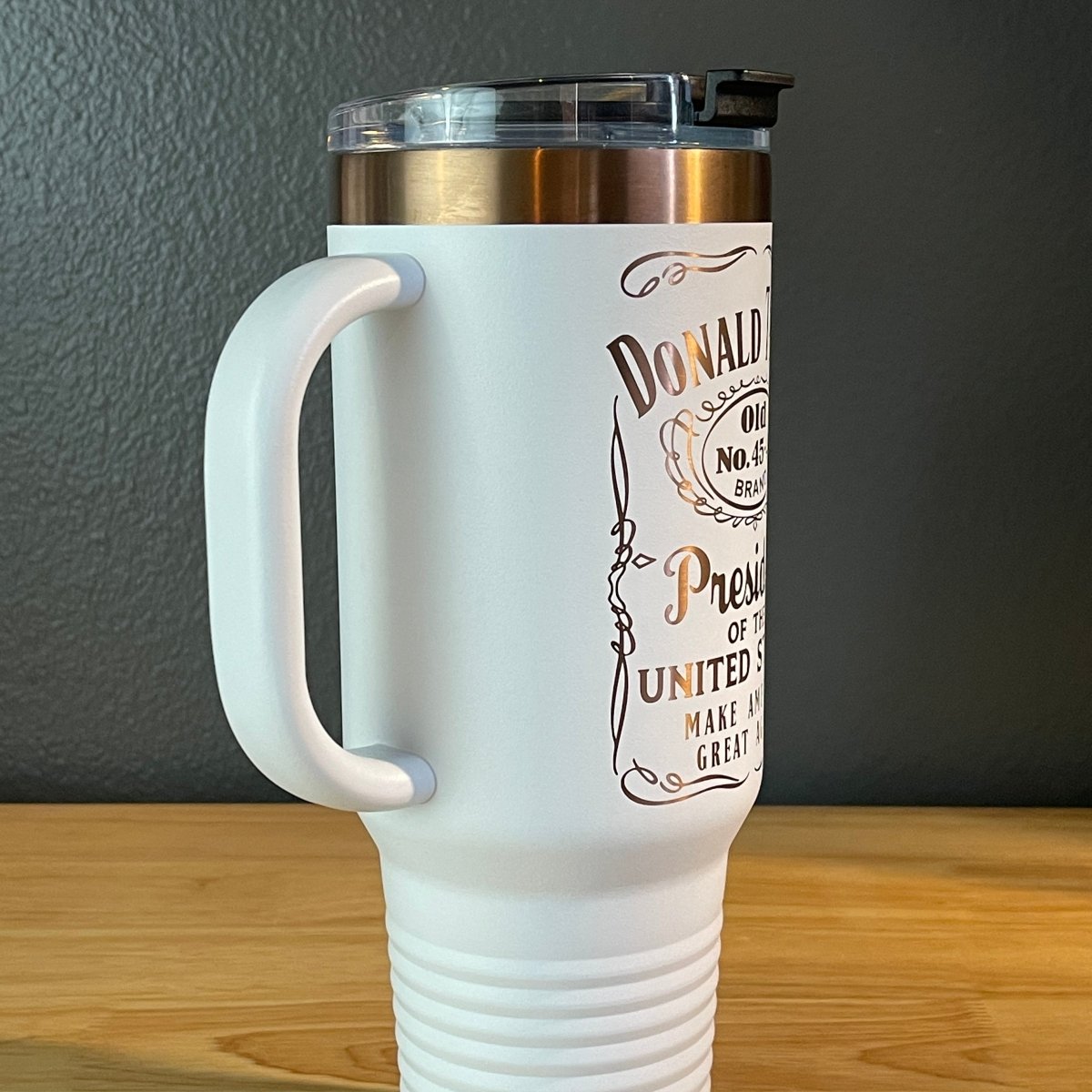 Trump 45 - 47 Tumbler Collector's Travel Mug with Handle 40oz White/Rose Gold Laser Engraved Tumblers