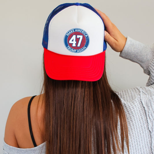 Trump 47 Round Classic Foam Trucker Hat Red White & Blue Trucker Hat