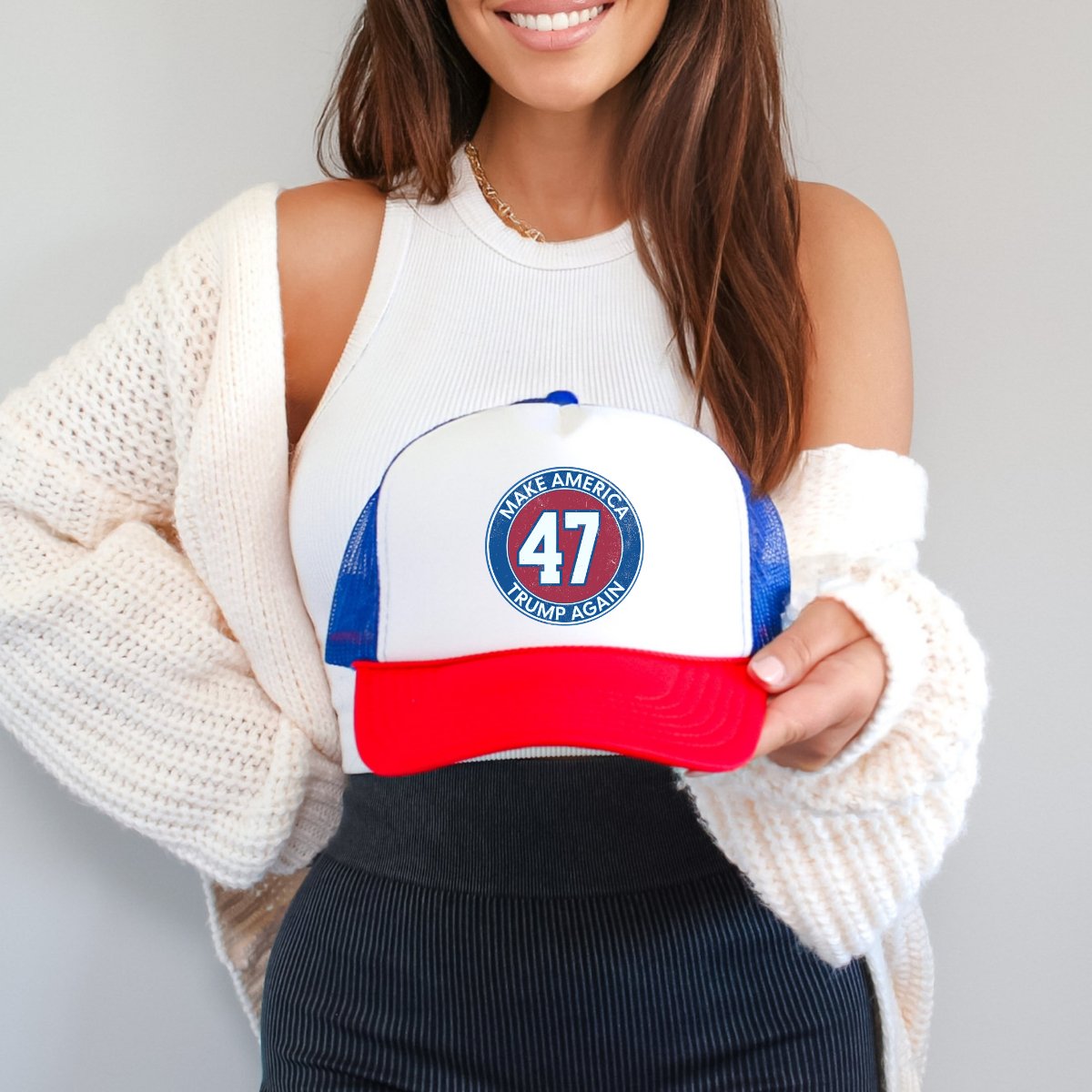 Trump 47 Round Classic Foam Trucker Hat Red White & Blue Trucker Hat