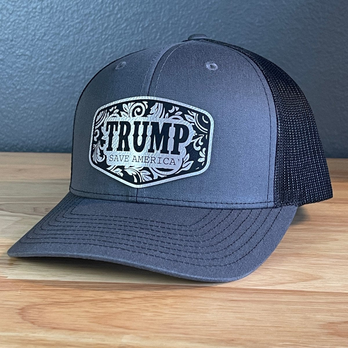 Trump Save America Patriotic SnapBack Trucker Hat Leather Patch Blk/Silver Patch Hat
