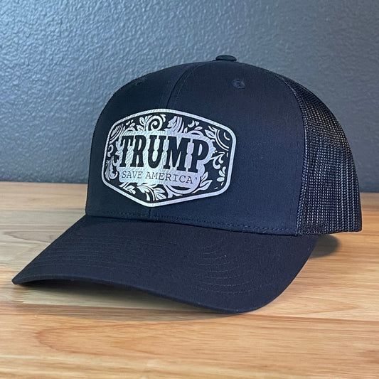 Trump Save America Patriotic SnapBack Trucker Hat Leather Patch Blk/Silver Patch Hat