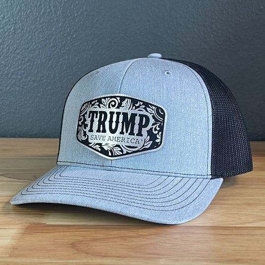 Trump Save America Patriotic SnapBack Trucker Hat Leather Patch Blk/Silver Patch Hat