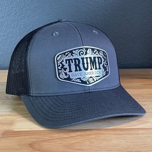 Trump Save America Patriotic SnapBack Trucker Hat Leather Patch Blk/Silver Patch Hat