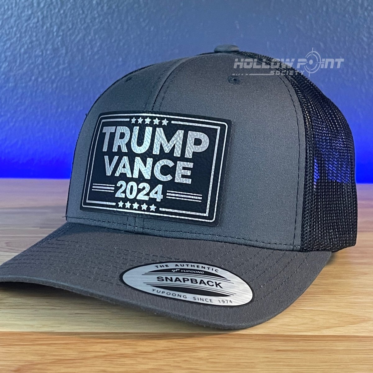 TRUMP VANCE 2024 SnapBack Trucker Blk/Silver Leather Patch Hat Charcoal Patch Hat