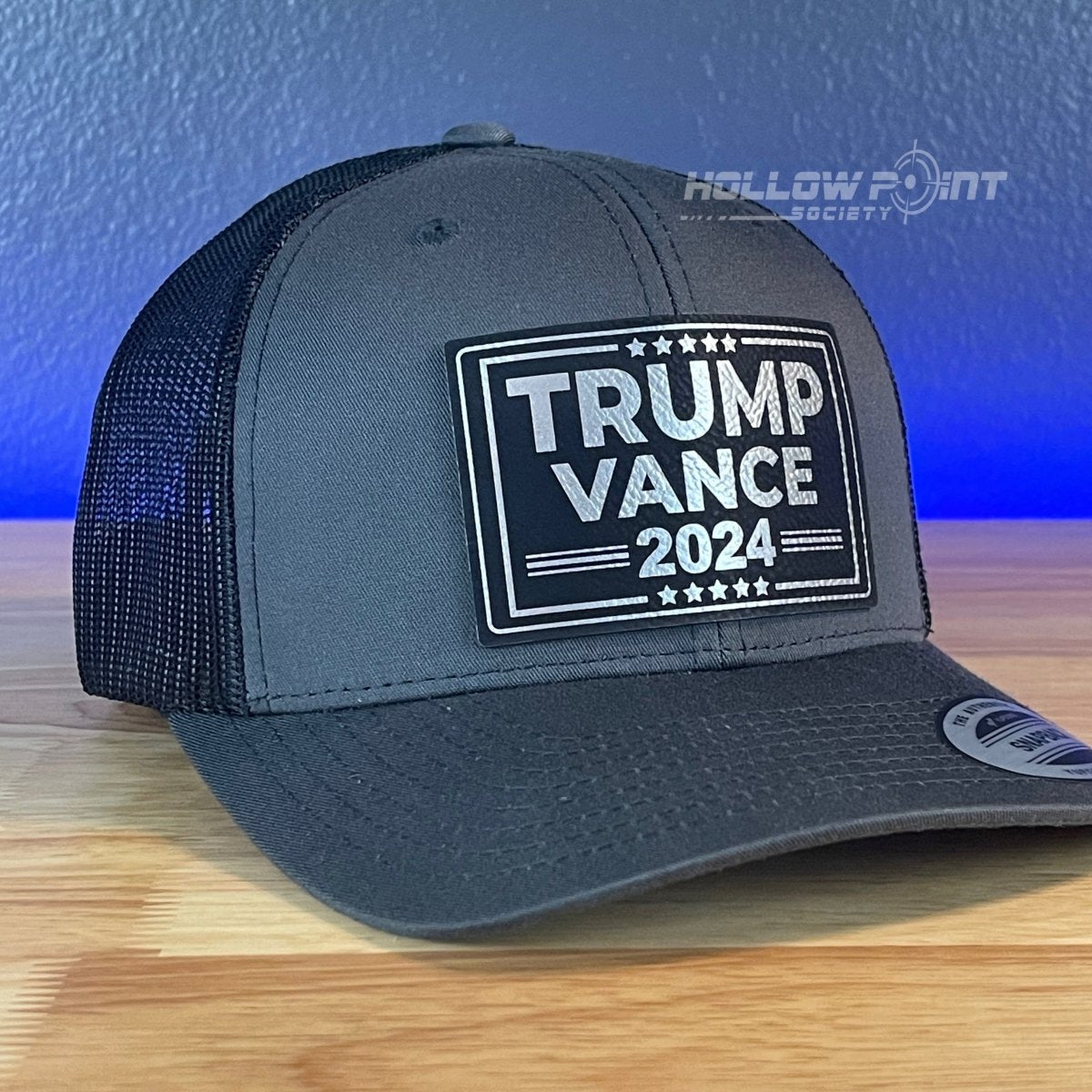 TRUMP VANCE 2024 SnapBack Trucker Blk/Silver Leather Patch Hat Charcoal Patch Hat