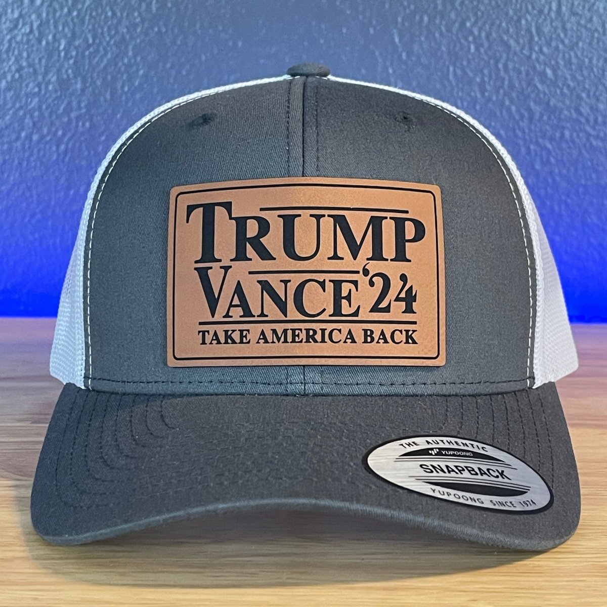 Trump Vance 2024 Take America Back SnapBack Trucker Rawhide Leather Patch Hat Charcoal/White Patch Hat