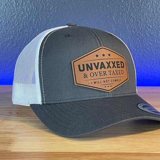 UNVAXXED & OVER TAXED Leather Patch Hat Rawhide Charcoal/White Patch Hat