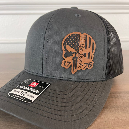 We The People 1776 Punisher Skull Charcoal Leather Patch Hat Patch Hat - VividEditions