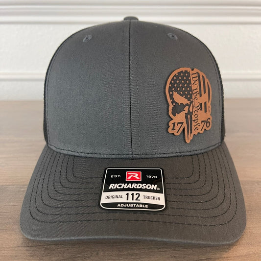 We The People 1776 Punisher Skull Charcoal Leather Patch Hat Patch Hat - VividEditions