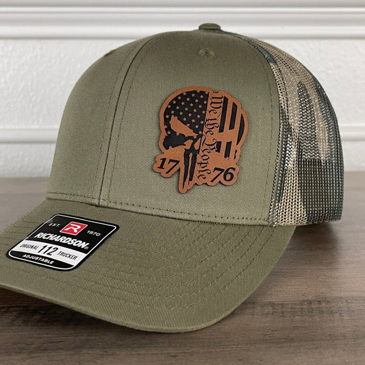 We The People 1776 Punisher Skull Flag Patriotic Leather Patch Hat Green/Camo Patch Hat - VividEditions