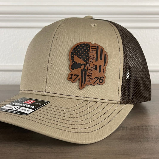 We The People 1776 Punisher Skull Patriotic Side Leather Patch Hat Khaki/Brown Patch Hat - VividEditions