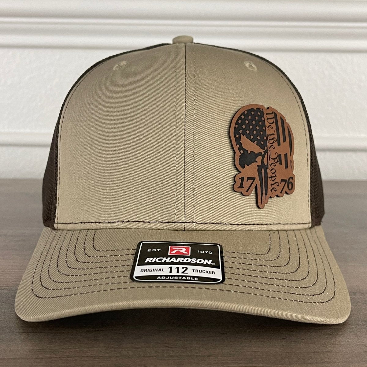 We The People 1776 Punisher Skull Patriotic Side Leather Patch Hat Khaki/Brown Patch Hat - VividEditions
