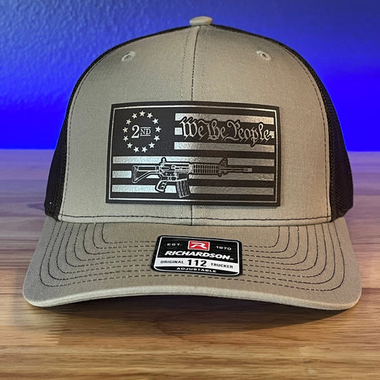 We The People 2nd Amendment American Flag Gold and Brown Leather Patch Hat Patch Hat - VividEditions