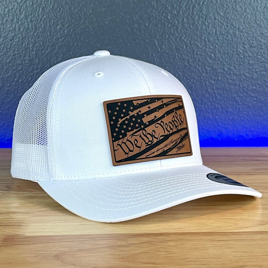 We The People Constitution American Flag Patriotic Leather Patch SnapBack Trucker Hat White Patch Hat