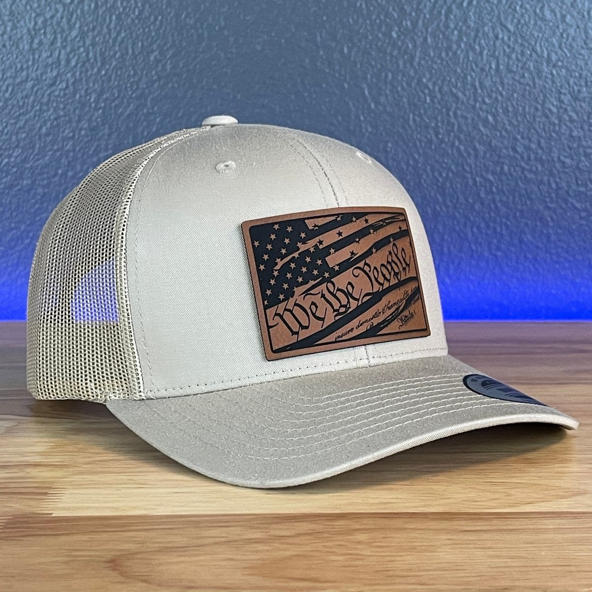 We The People Constitution American Flag Patriotic SnapBack Trucker Leather Patch Hat Khaki Patch Hat