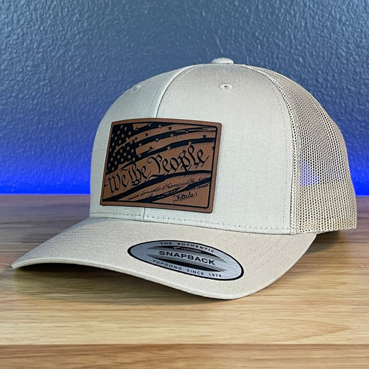 We The People Constitution American Flag Patriotic SnapBack Trucker Leather Patch Hat Khaki Patch Hat
