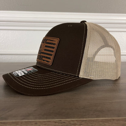 Whiskey, Steak, Guns And Freedom American Flag Leather Patch Hat Brown Patch Hat - VividEditions
