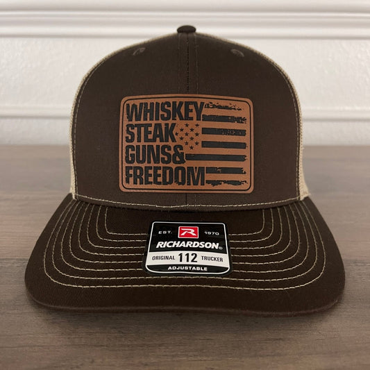 Whiskey, Steak, Guns And Freedom American Flag Leather Patch Hat Brown Patch Hat - VividEditions