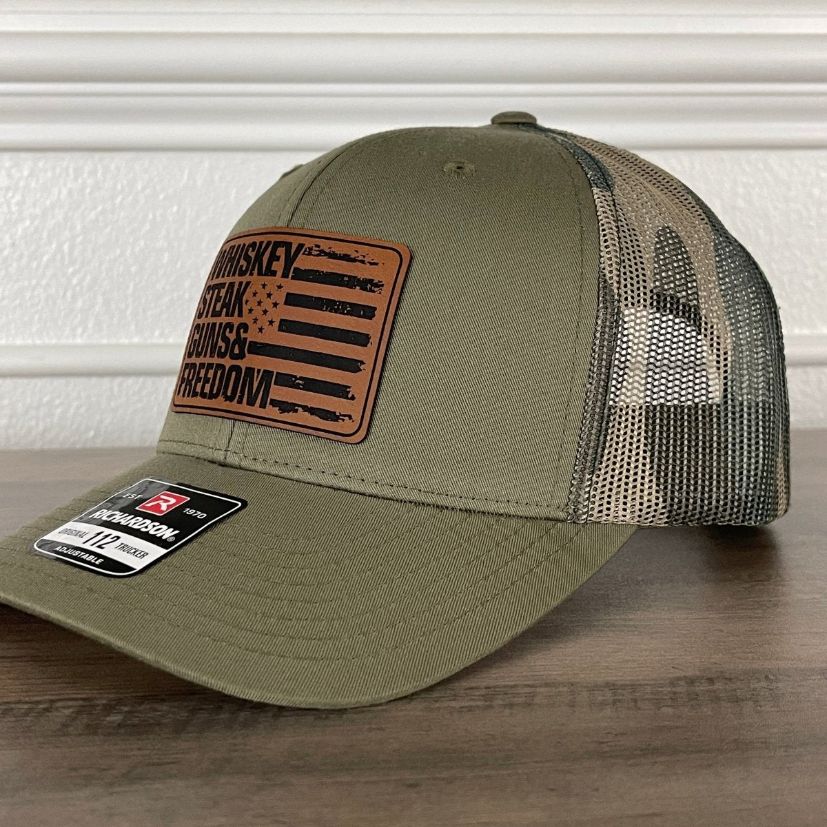 Whiskey Steak Guns & Freedom American Flag Patriotic 2A Leather Patch Hat Green/Camo Patch Hat - VividEditions
