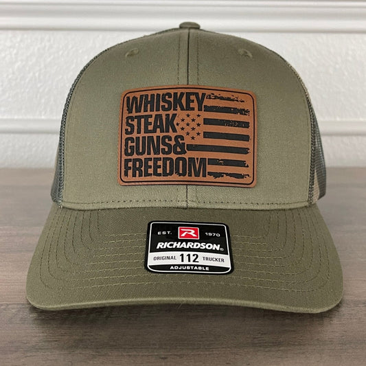 Whiskey Steak Guns & Freedom American Flag Patriotic 2A Leather Patch Hat Green/Camo Patch Hat - VividEditions