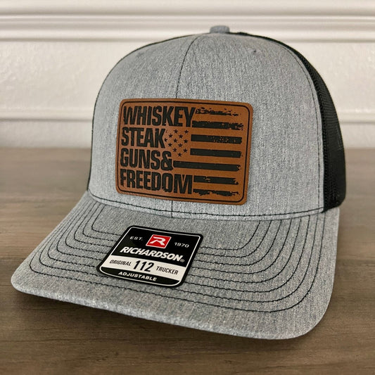 Whiskey, Steak, Guns & Freedom Leather Patch Hat Patch Hat - VividEditions