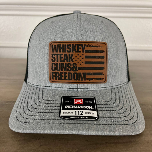 Whiskey, Steak, Guns & Freedom Leather Patch Hat Patch Hat - VividEditions