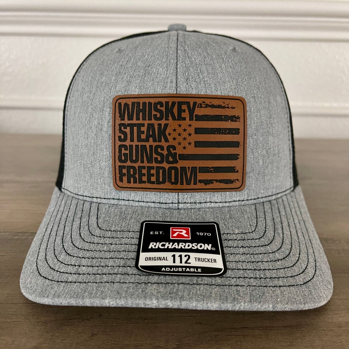 Whiskey, Steak, Guns & Freedom Leather Patch Hat Patch Hat - VividEditions