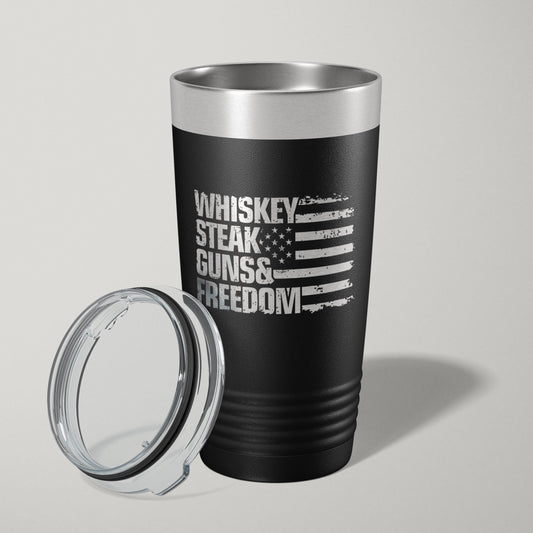 Whiskey Steak Guns And Freedom Flag 20oz Laser Engraved Tumbler Travel Mug