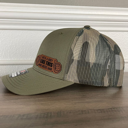 With A Body Like This Who Needs Hair Funny Leather Patch Hat Green/Camo Patch Hat - VividEditions