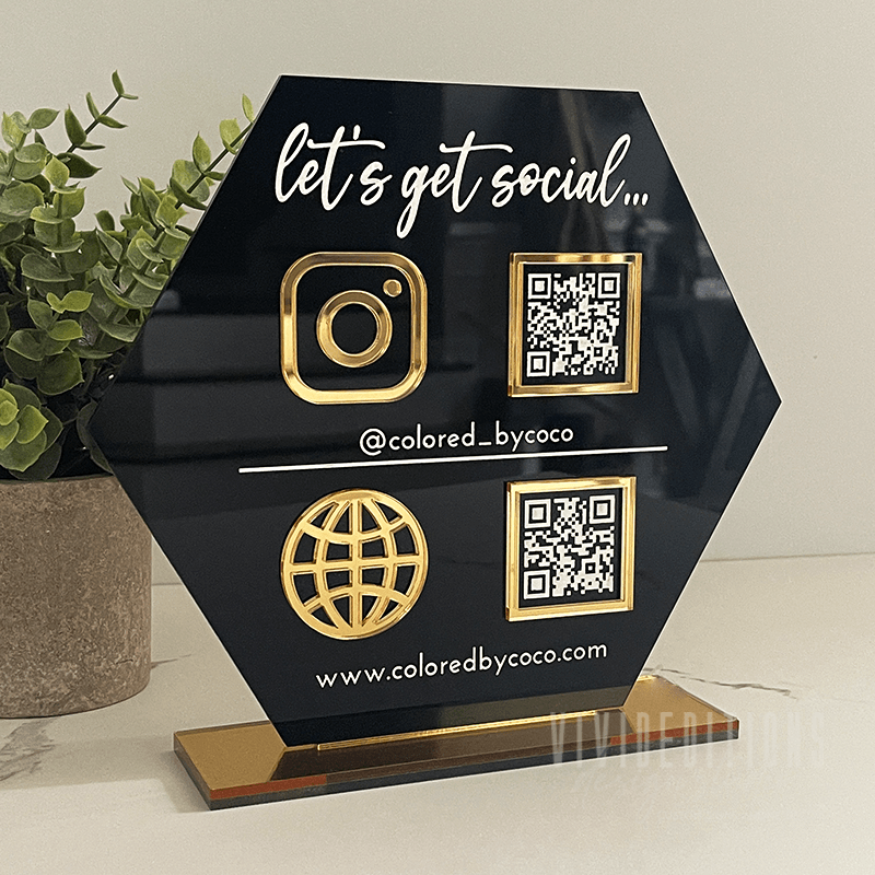 Double QR Code Hexagon Business Social Media Sign - VividEditions