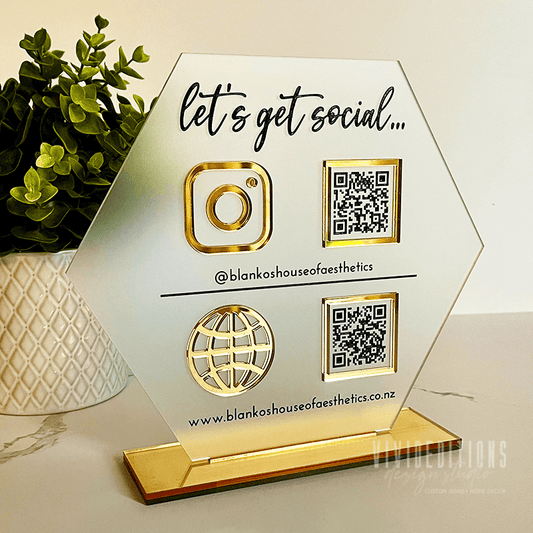 Double QR Code Hexagon Business Social Media Sign - VividEditions