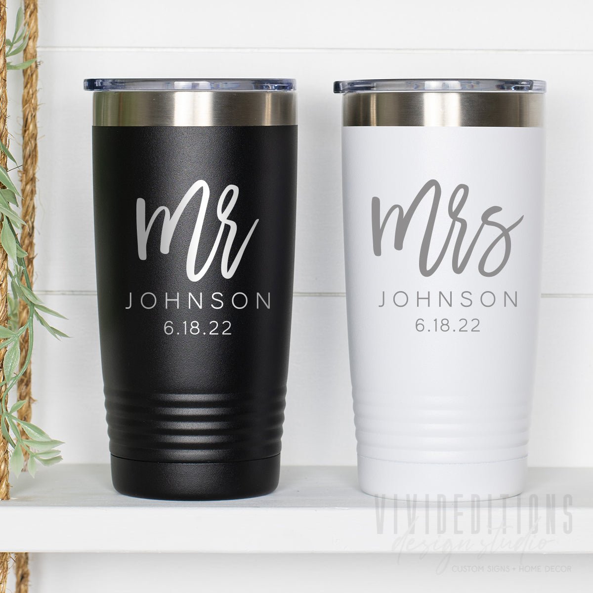 Personalized Mr & Mrs Bride Groom Engraved Wedding Tumbler Set - 20oz Tumblers - VividEditions