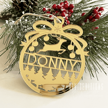 Personalized Split Name Reindeer Bauble Christmas Ornament - VividEditions